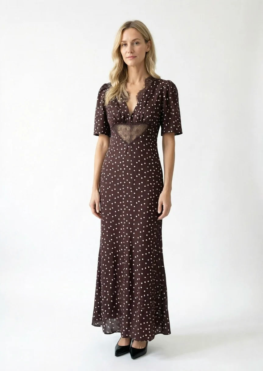 Brown Polka Dot Midi Dress with Lace Panel Detail