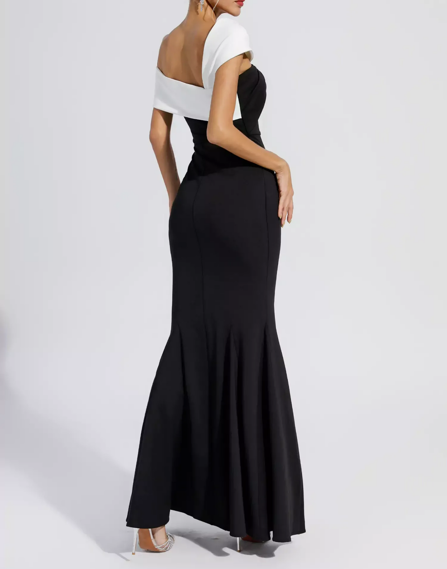 Black off-shoulder maxi dress with contrast draped neckline