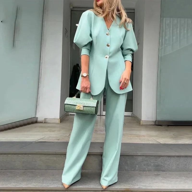 Mint green tailored blazer and straight-leg trousers set