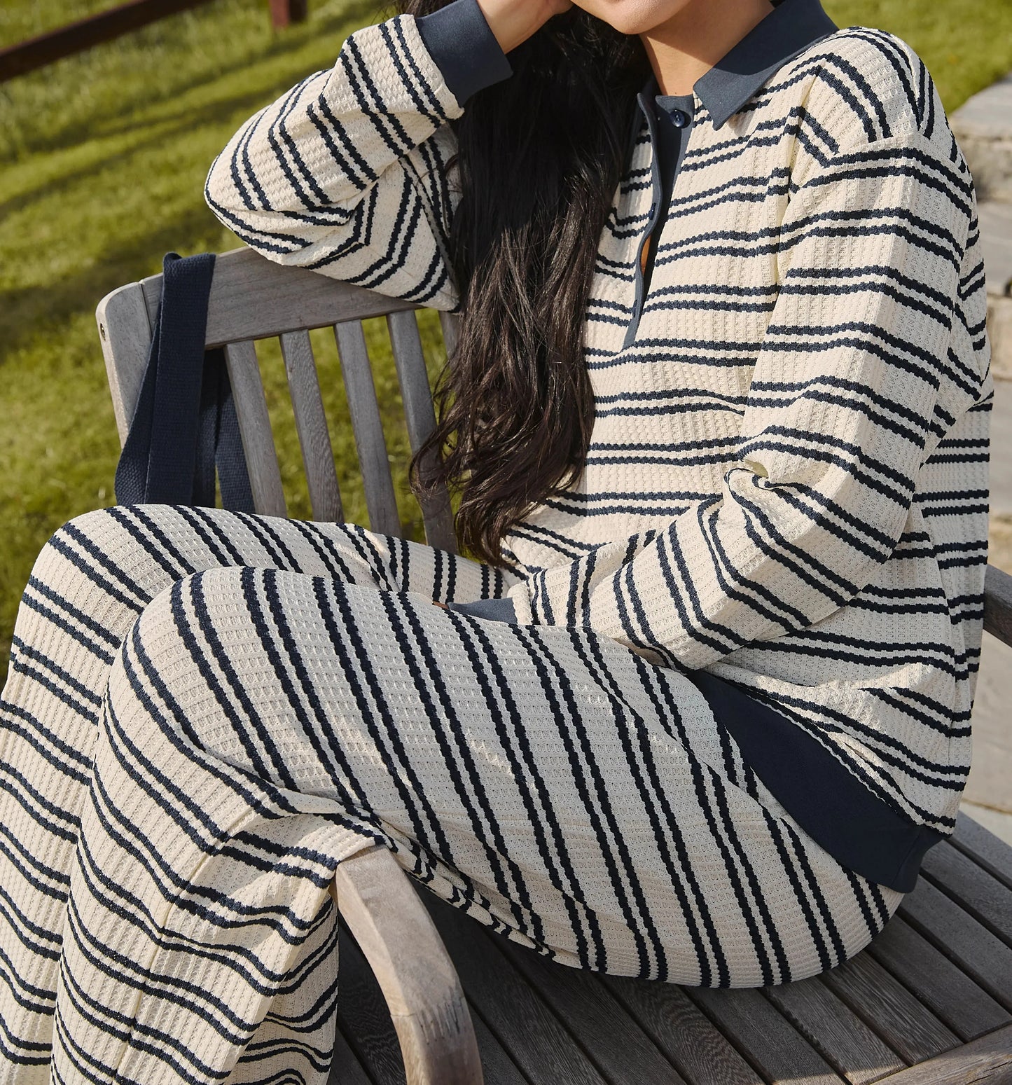 Cream striped long-sleeve top and wide-leg pants set