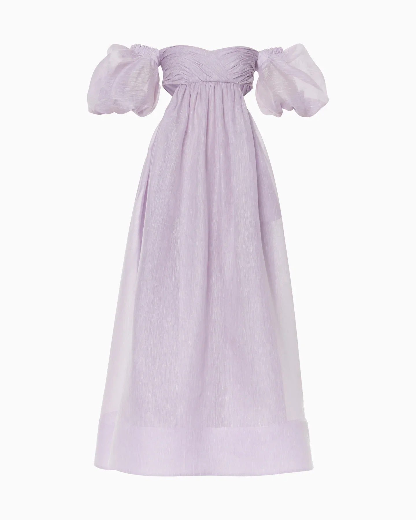 Light lilac off-shoulder maxi dress with puff sleeves