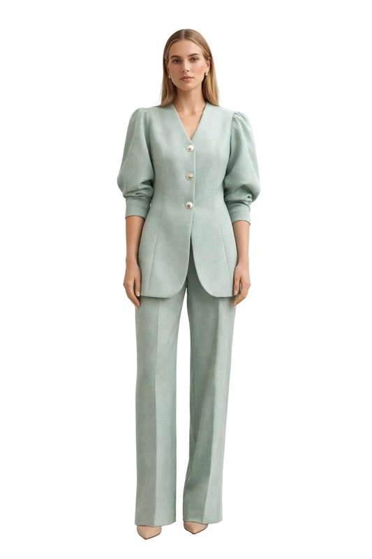 Mint green tailored blazer and straight-leg trousers set