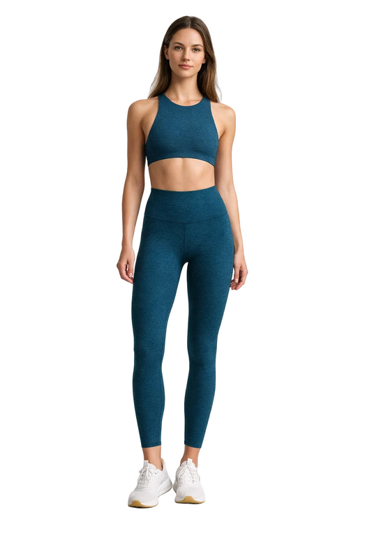 Teal sleeveless crop top and high-waist leggings set
