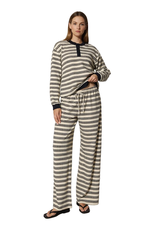 Cream striped long-sleeve top and wide-leg pants set