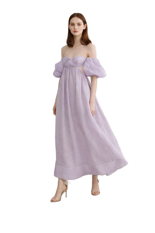 Light lilac off-shoulder maxi dress with puff sleeves