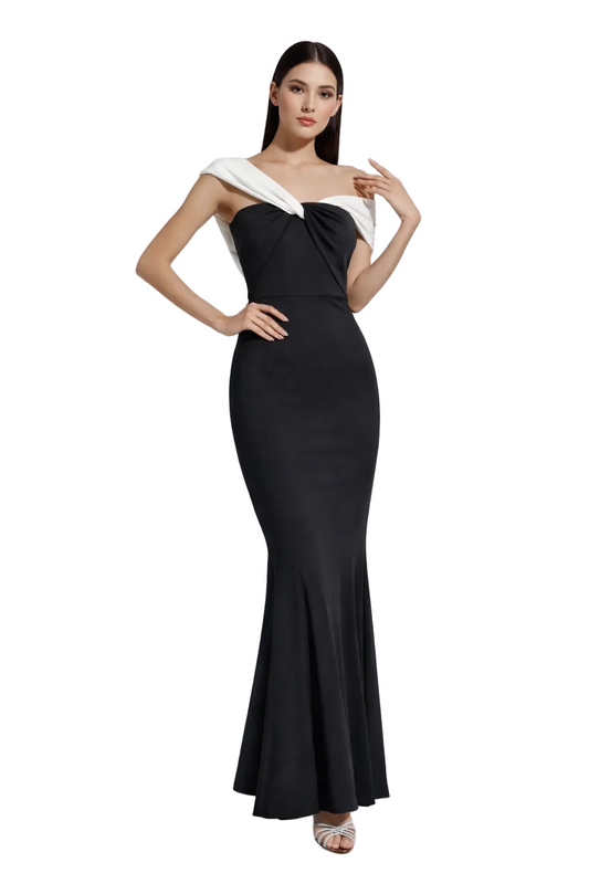 Black off-shoulder maxi dress with contrast draped neckline