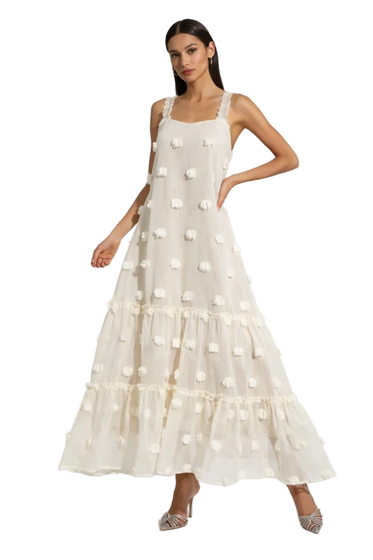 Cream sleeveless midi dress with textured dot pattern