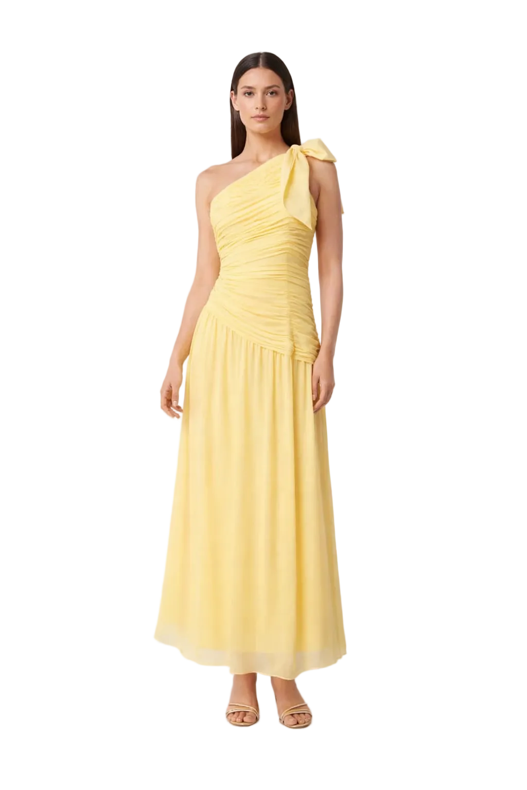 Light yellow one-shoulder maxi dress with draped bodice