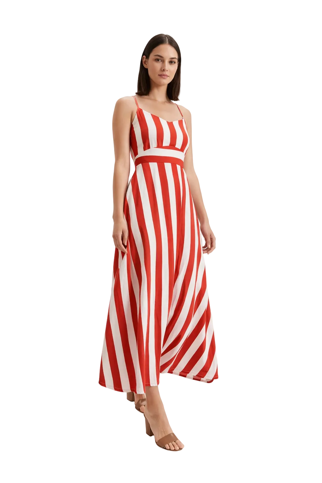 Red and white striped sleeveless maxi dress with fitted waist