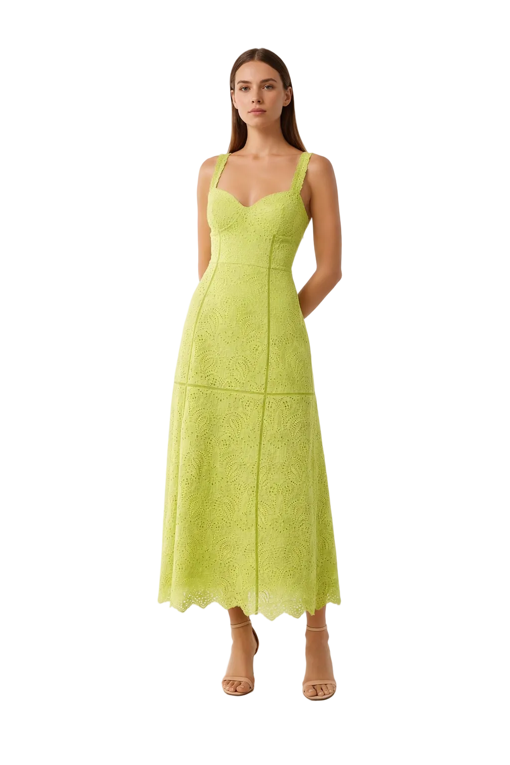 Light green lace midi dress with wide straps