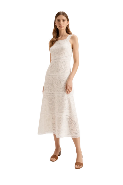 Cream sleeveless lace midi dress with fitted silhouette