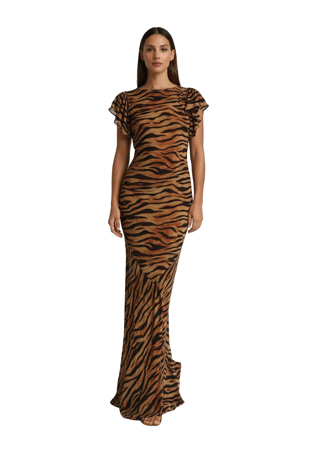 Brown and black tiger print maxi dress with flutter sleeves