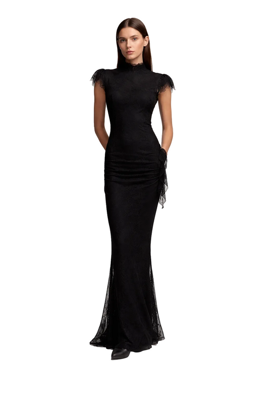 Black lace maxi dress with high neckline and cap sleeves