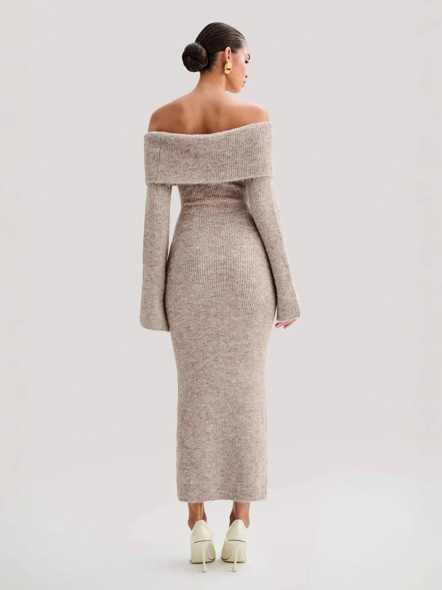 Beige Off-Shoulder Knit Maxi Dress
