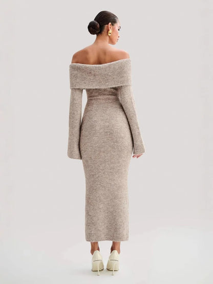 Beige Off-Shoulder Knit Maxi Dress