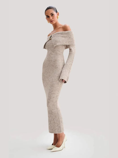 Beige Off-Shoulder Knit Maxi Dress