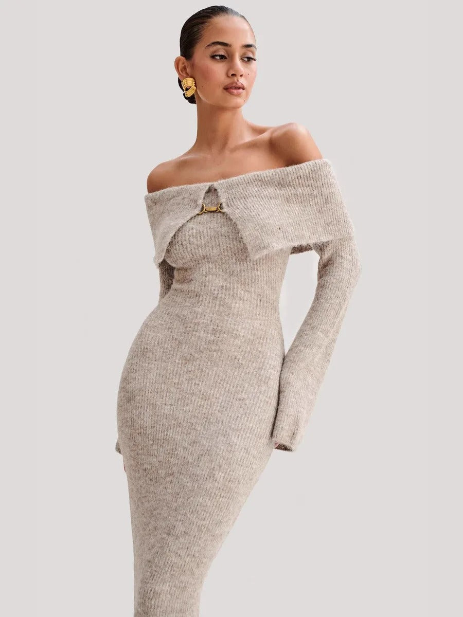 Beige Off-Shoulder Knit Maxi Dress