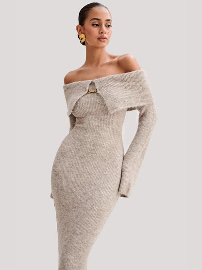 Beige Off-Shoulder Knit Maxi Dress