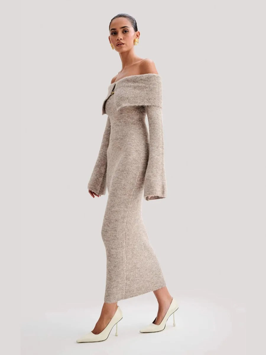 Beige Off-Shoulder Knit Maxi Dress