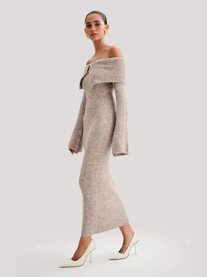 Beige Off-Shoulder Knit Maxi Dress