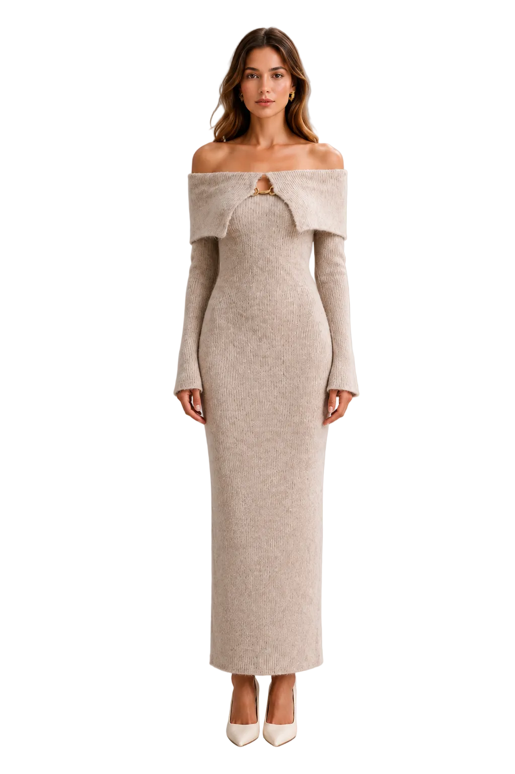 Beige Off-Shoulder Knit Maxi Dress