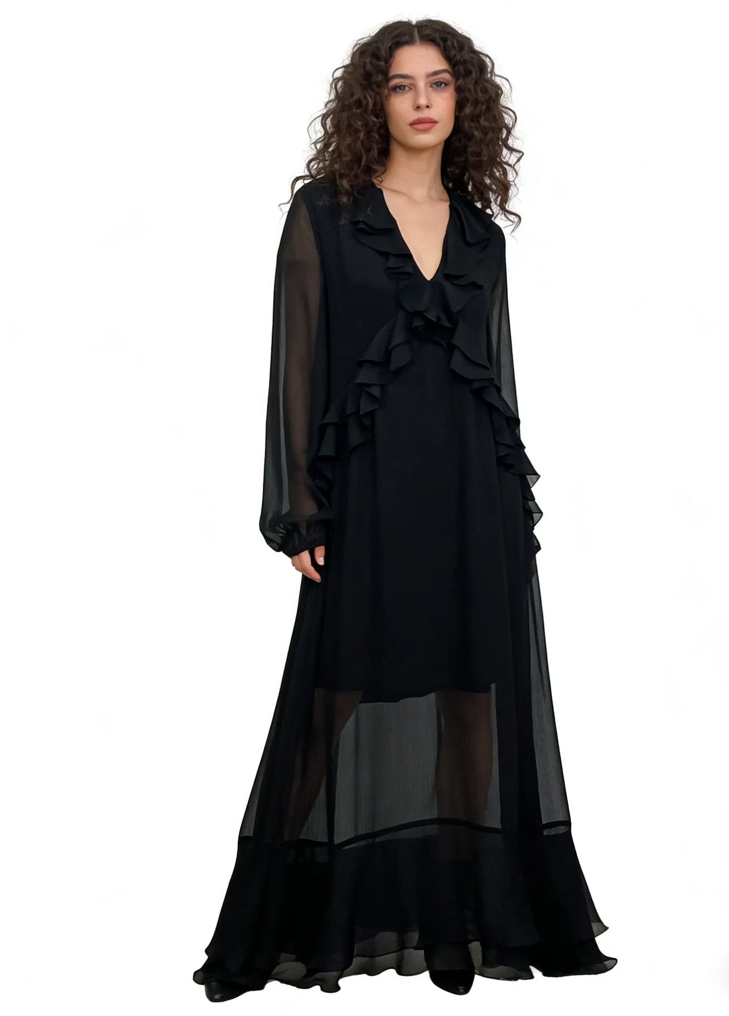 Black Sheer Maxi Dress with Ruffle Front Detail