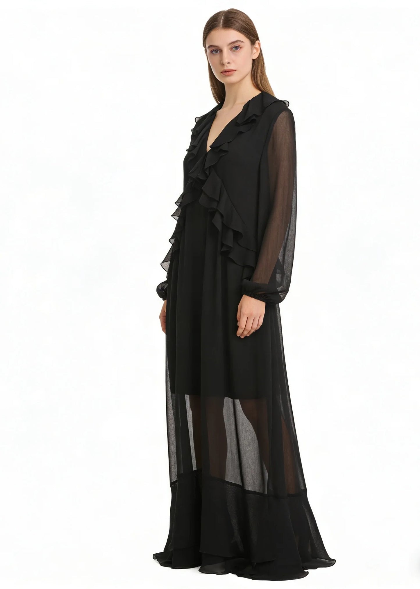 Black Sheer Maxi Dress with Ruffle Front Detail