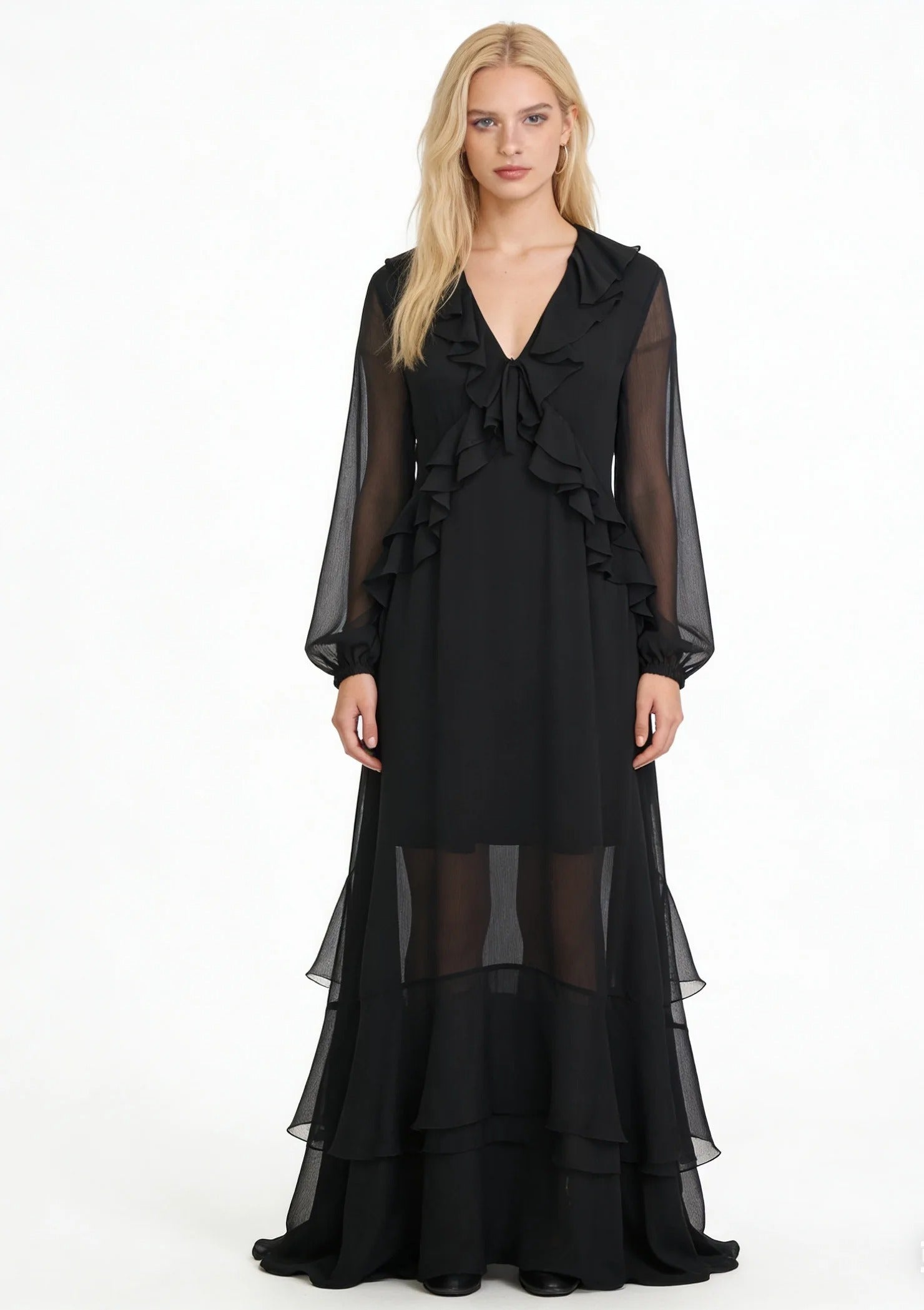 Black Sheer Maxi Dress with Ruffle Front Detail