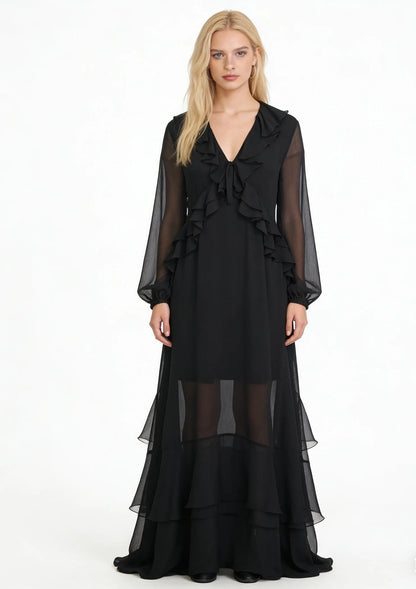Black Sheer Maxi Dress with Ruffle Front Detail