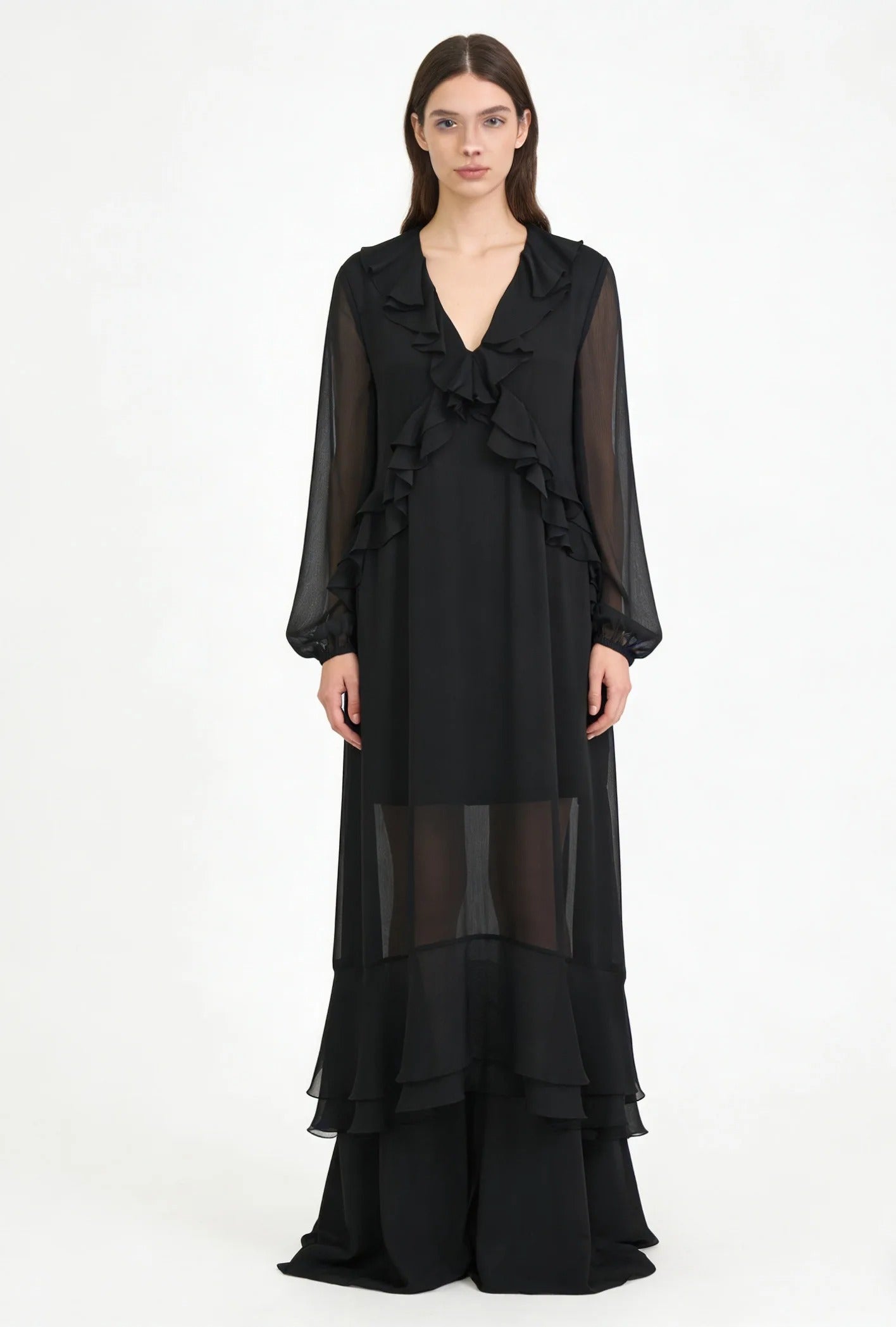 Black Sheer Maxi Dress with Ruffle Front Detail