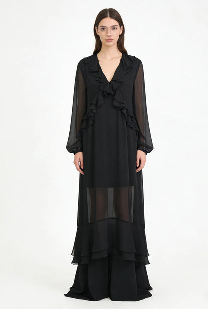 Black Sheer Maxi Dress with Ruffle Front Detail