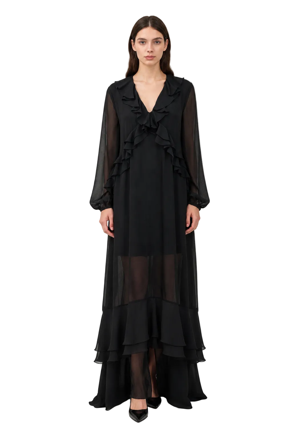 Black Sheer Maxi Dress with Ruffle Front Detail
