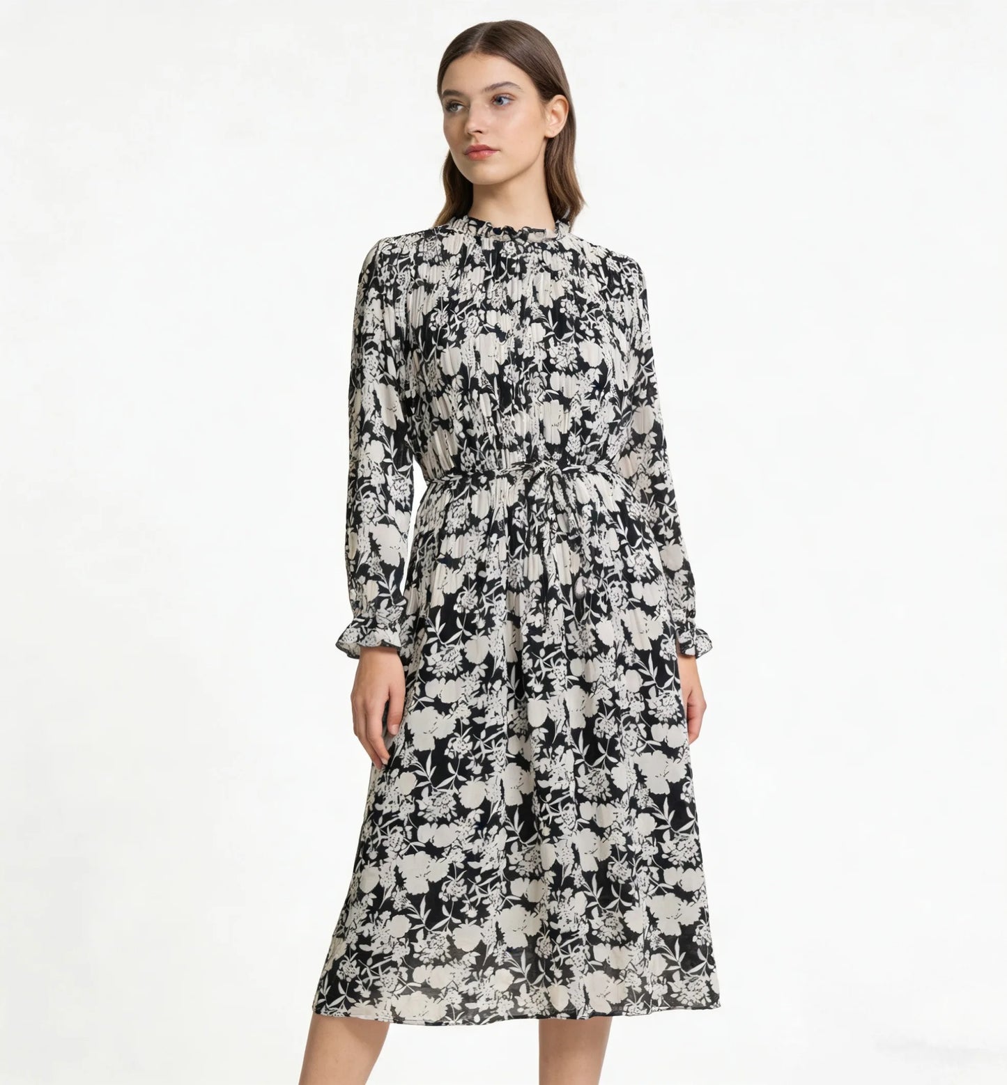 Black and White Floral Midi Dress