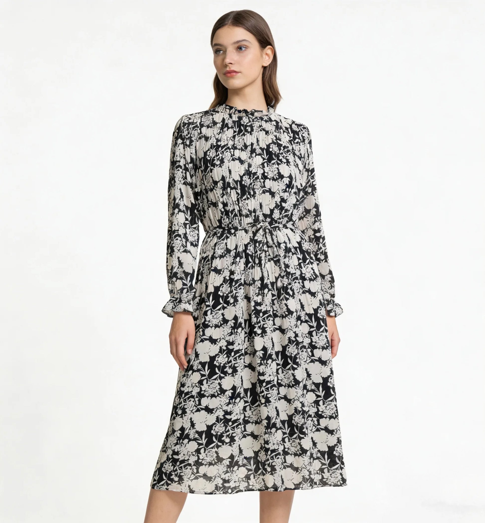 Black and White Floral Midi Dress