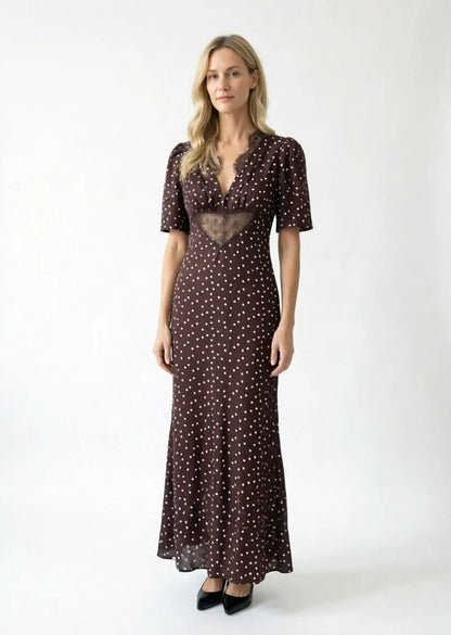 Brown Polka Dot Midi Dress with Lace Panel Detail