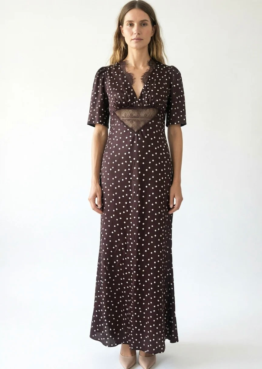 Brown Polka Dot Midi Dress with Lace Panel Detail