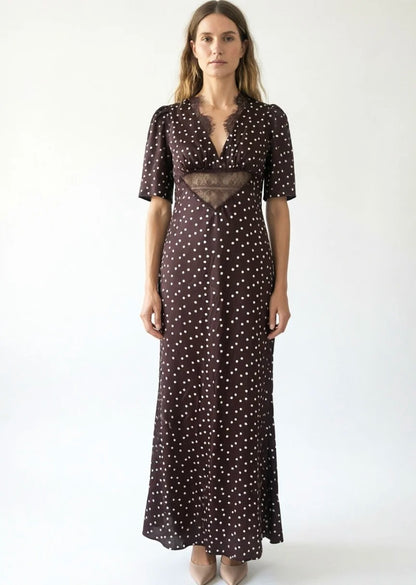 Brown Polka Dot Midi Dress with Lace Panel Detail