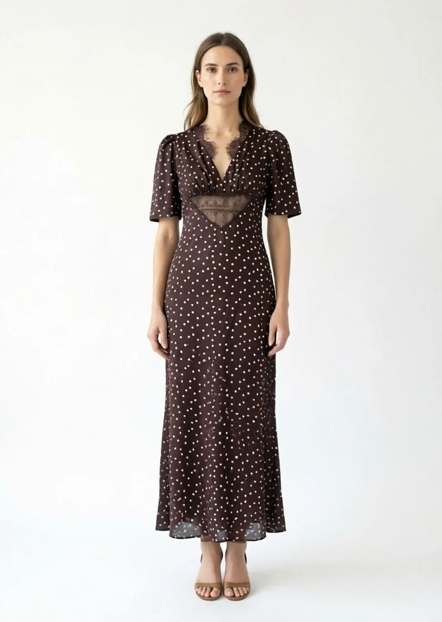 Brown Polka Dot Midi Dress with Lace Panel Detail