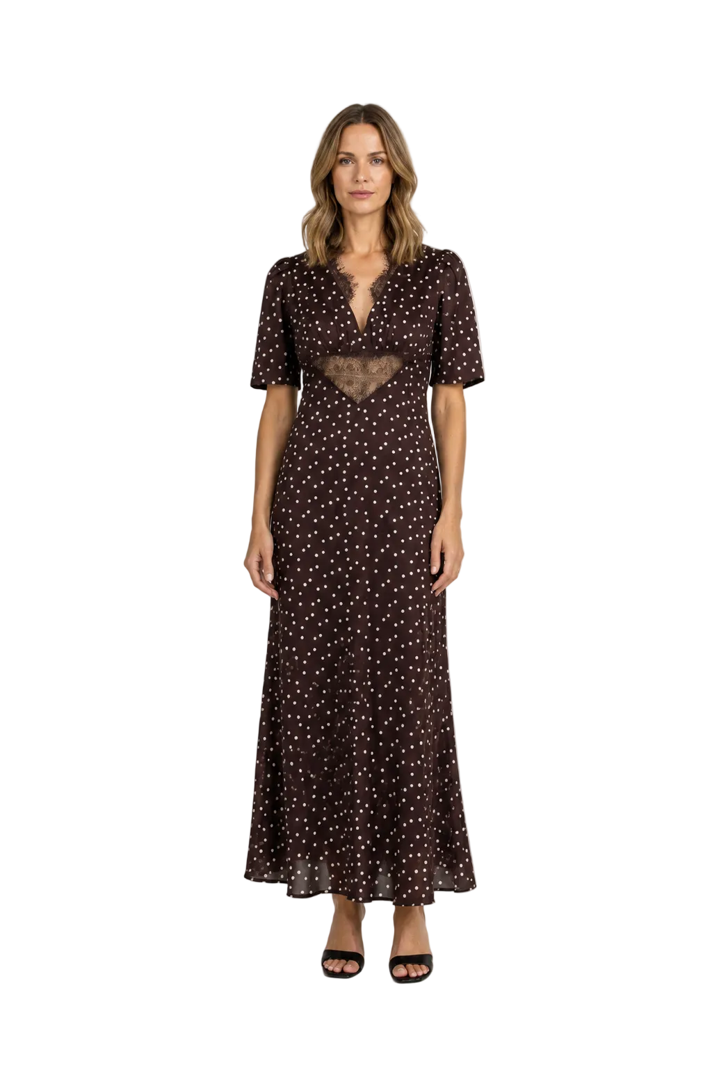 Brown Polka Dot Midi Dress with Lace Panel Detail