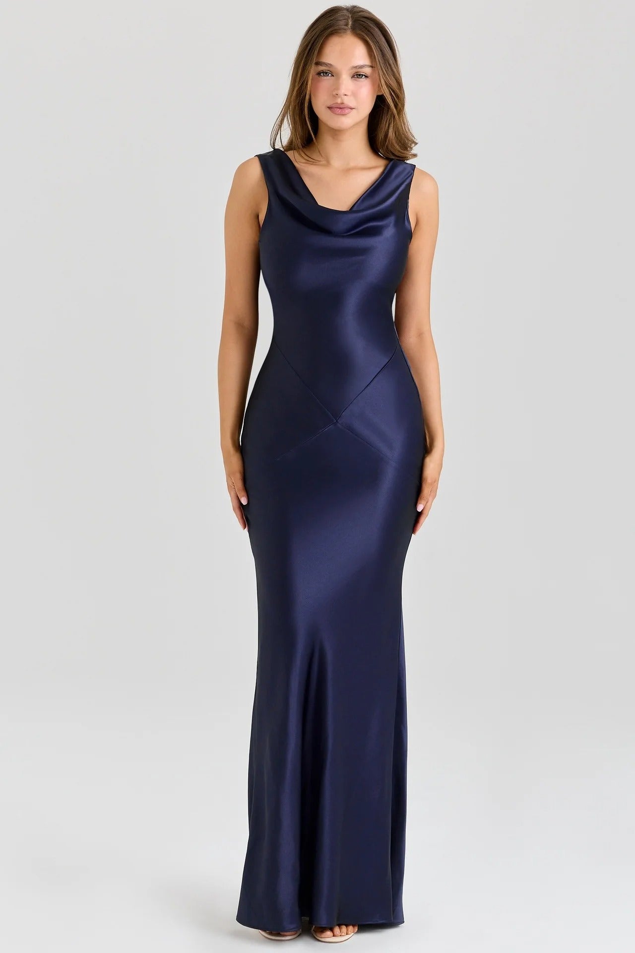 Navy Sleeveless Maxi Dress with Draped Neckline
