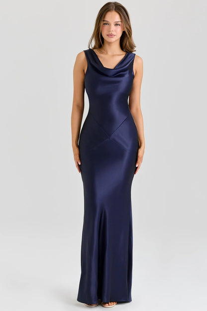 Navy Sleeveless Maxi Dress with Draped Neckline