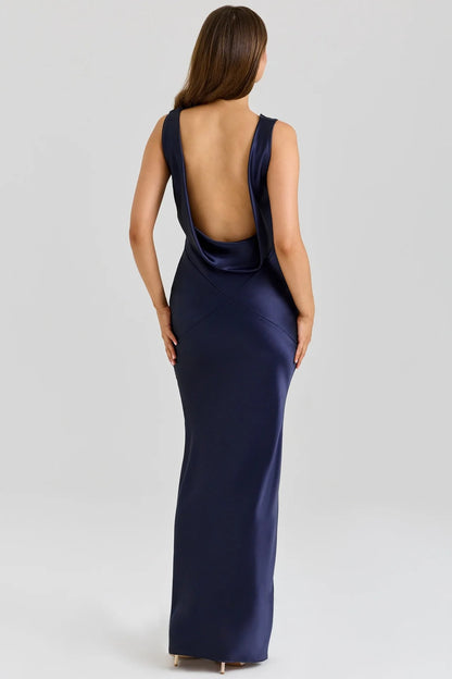 Navy Sleeveless Maxi Dress with Draped Neckline
