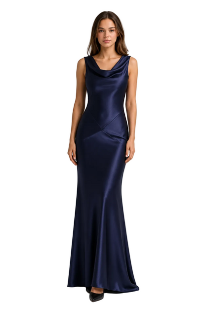 Navy Sleeveless Maxi Dress with Draped Neckline