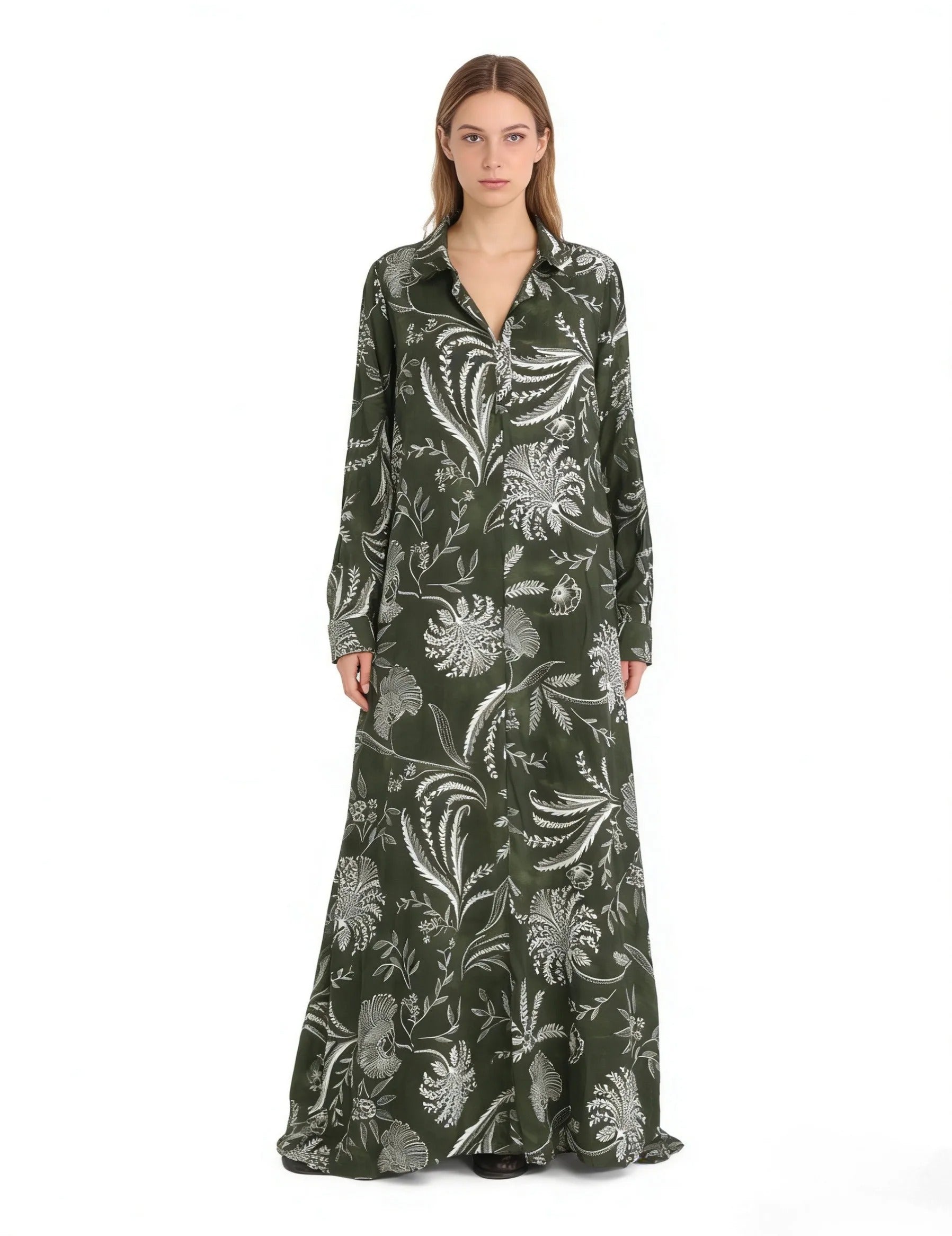 Olive Green Floral Print Maxi Dress