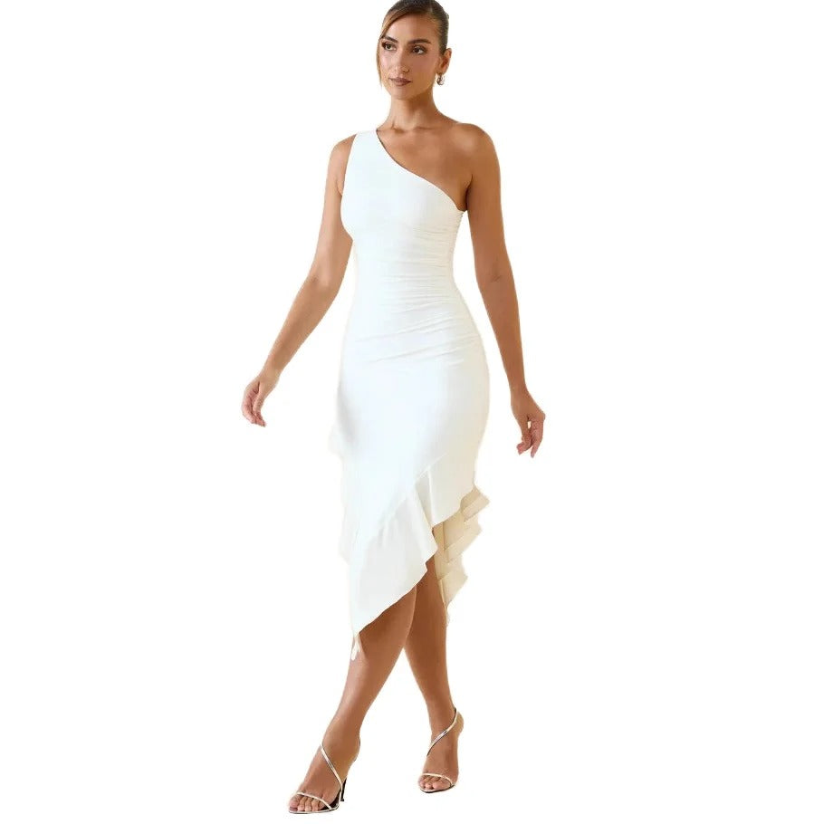 White One-Shoulder Midi Dress with Asymmetric Ruffle Hem