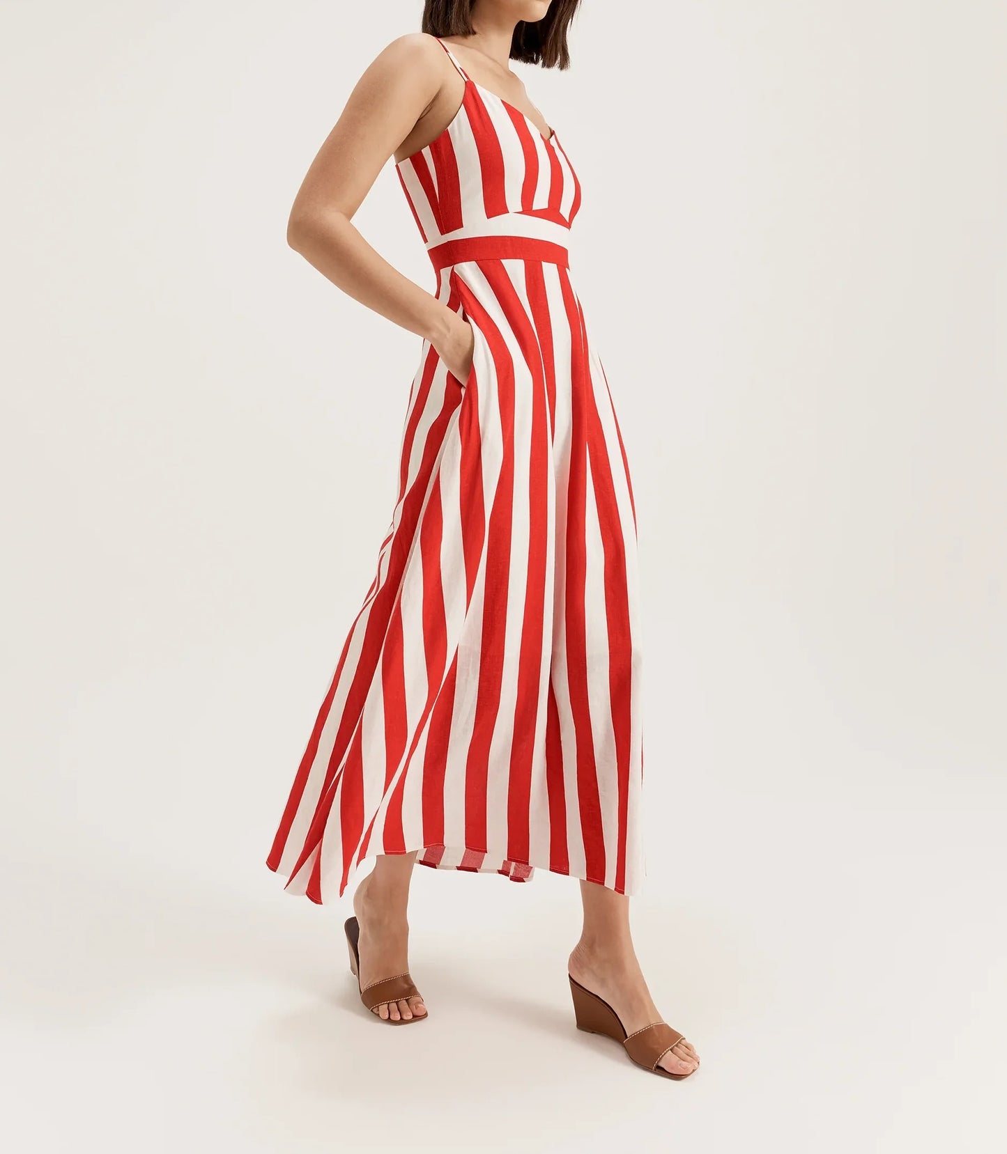 Red and white striped sleeveless maxi dress with fitted waist