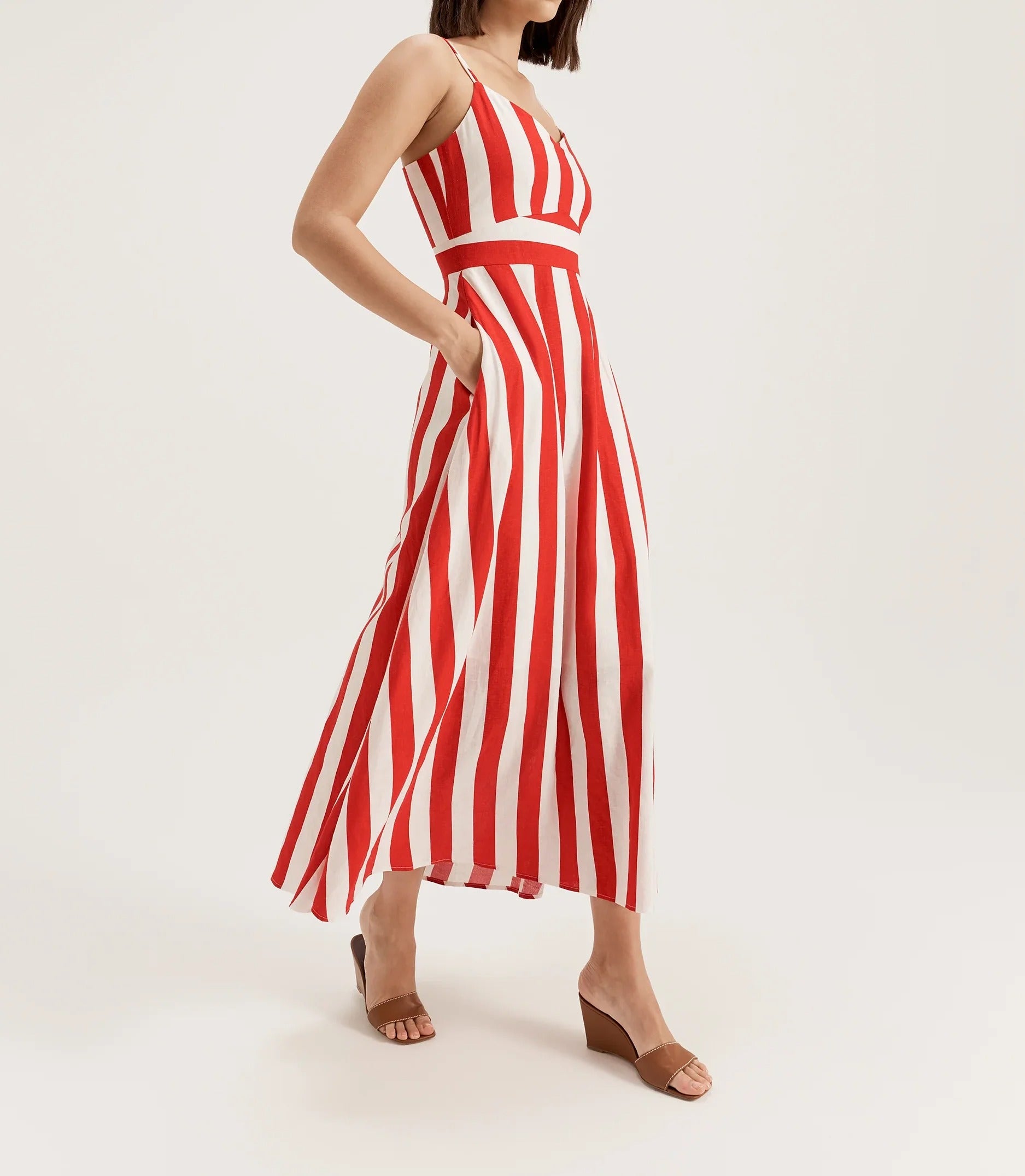 Red and white striped sleeveless maxi dress with fitted waist
