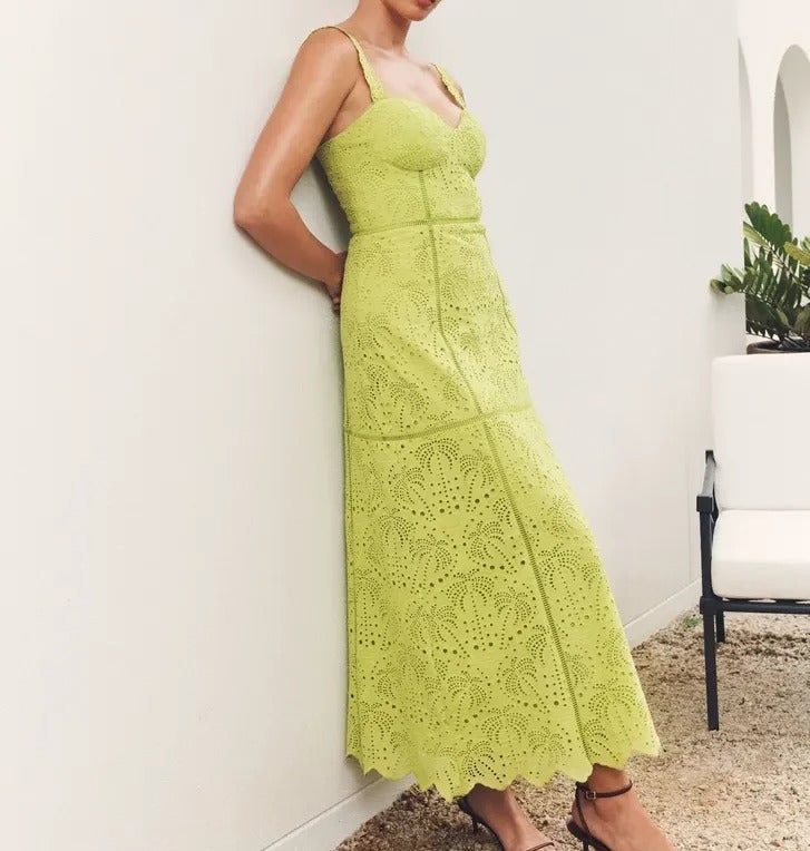Light green lace midi dress with wide straps