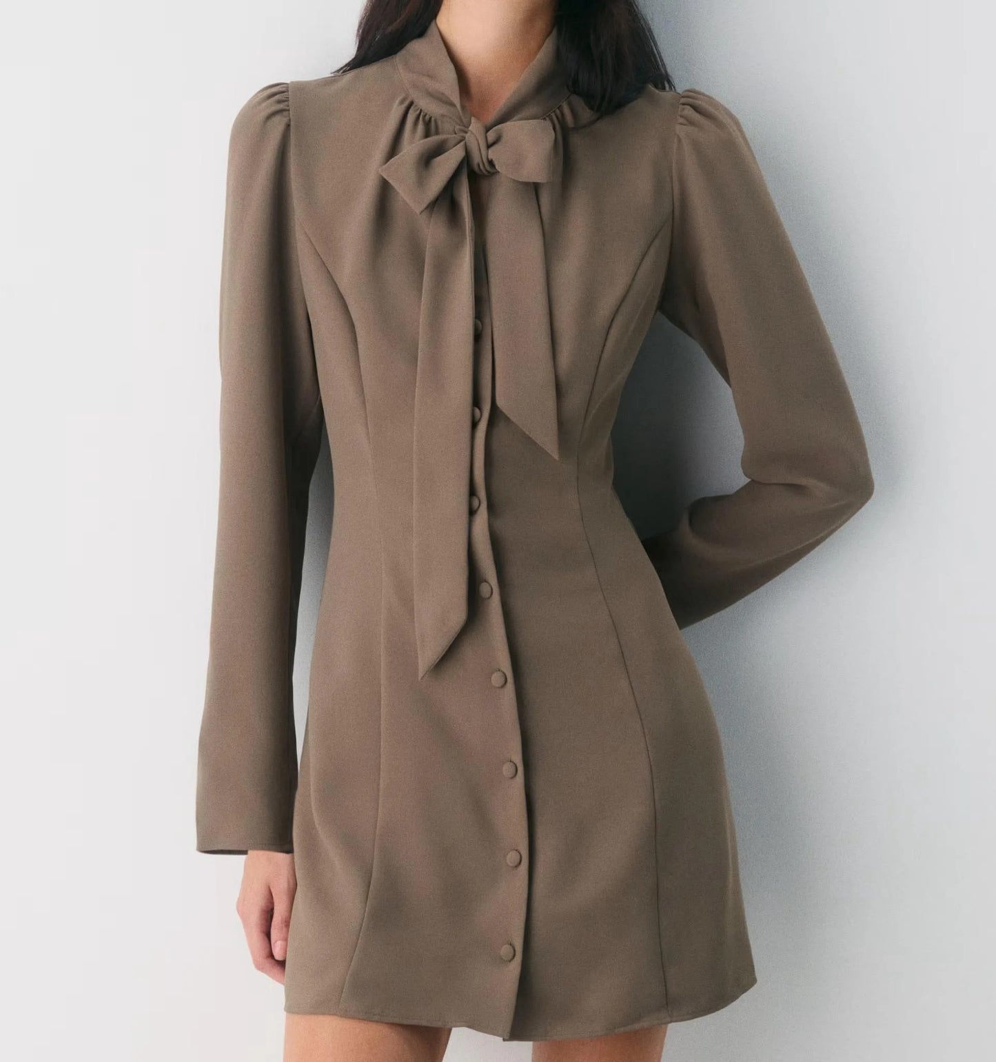 Brown long-sleeve mini dress with tie-neck detail