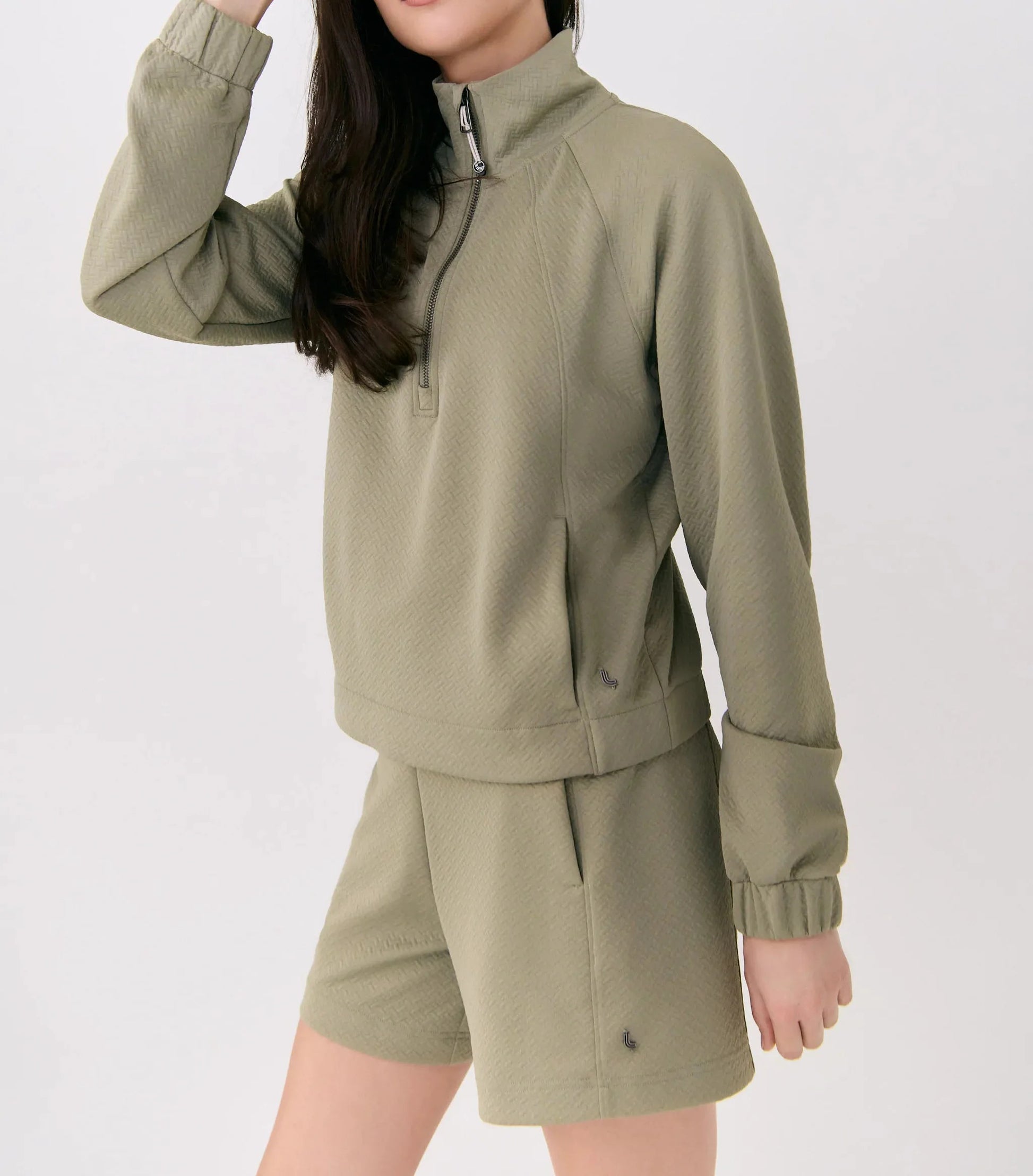 Light green half-zip sweater and shorts set